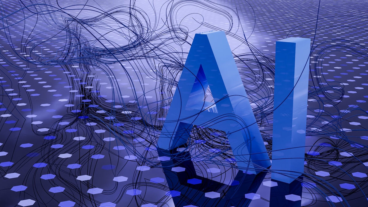 Stylized AI lettering in a digital network, representing WordPress AI automation